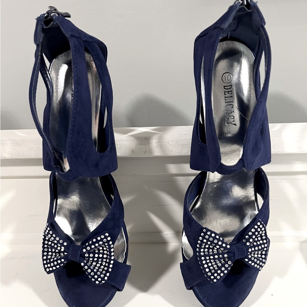 Delicacy brand/blue open toe/zippered back  heel with rhinestone bow. Size 10